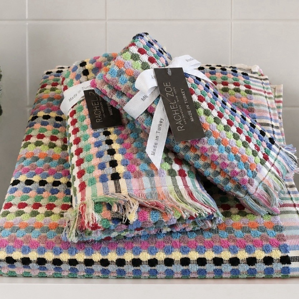 Rachel Zoe Rainbow 6 Pc Pebbled Check Multi Color Turkish Cotton Towel Set NWT